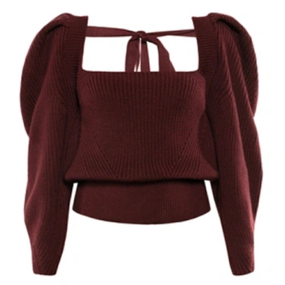Anna October Rachel Tie-Accented Wool-Knit Sweater In Burgundy, Size XL